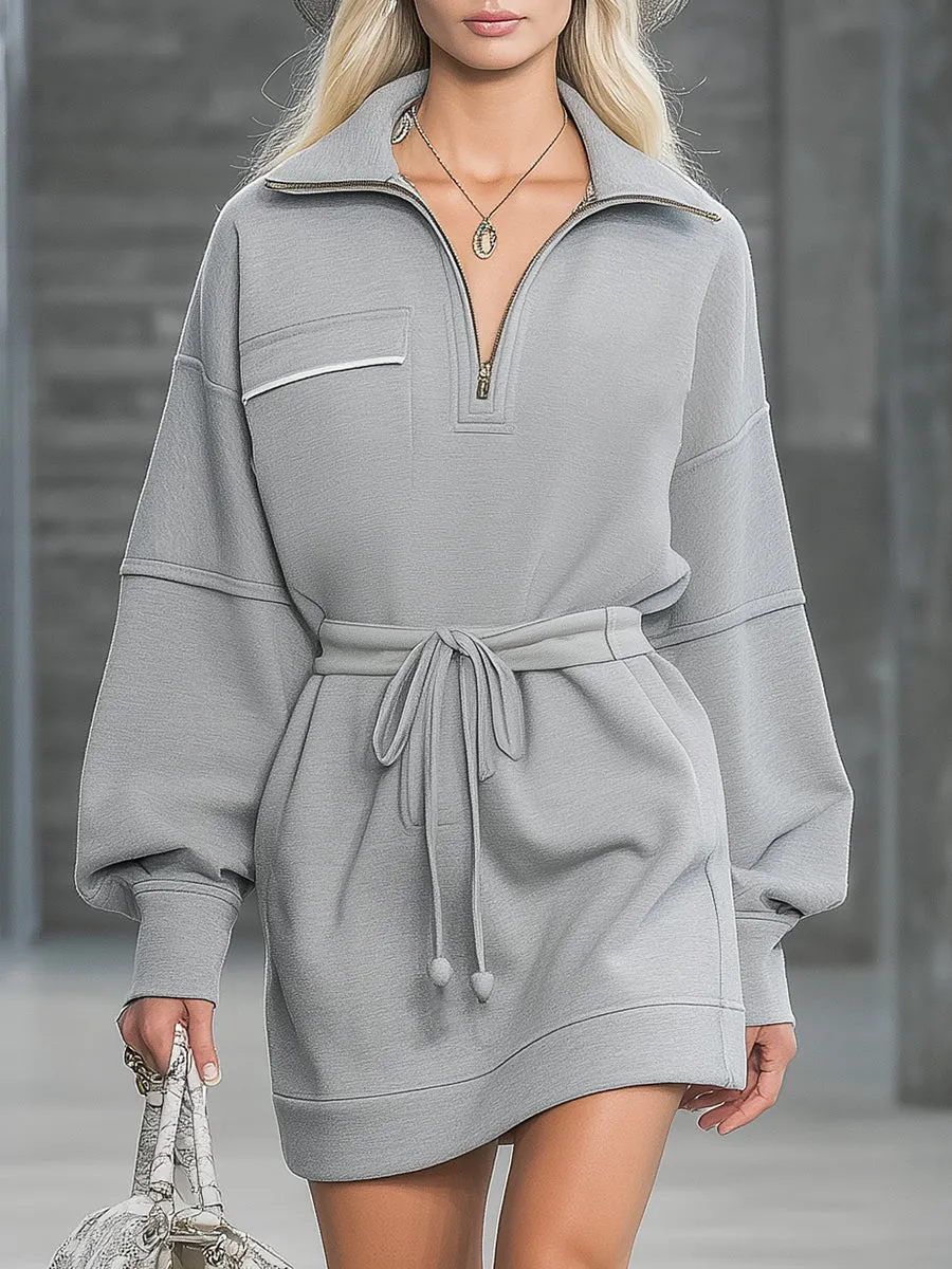 Casual Grey Sweatshirt-style With Half-zip And Elasticated Waist Mini Dress sold by Oyrosy