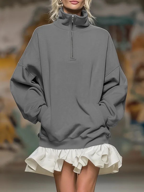 Loose-fitting Stand-collar Pocketed Ruffled Long-sleeved Mini Dress sold by Oyrosy