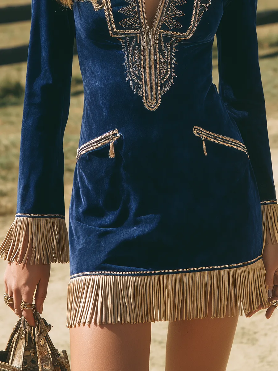 Retro Western-style Embroidered Fringed Faux Suede Mini Dress sold by Oyrosy product image thumbnail 4