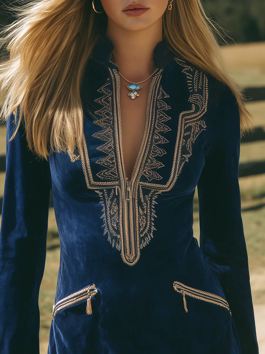 Retro Western-style Embroidered Fringed Faux Suede Mini Dress sold by Oyrosy product image thumbnail 3