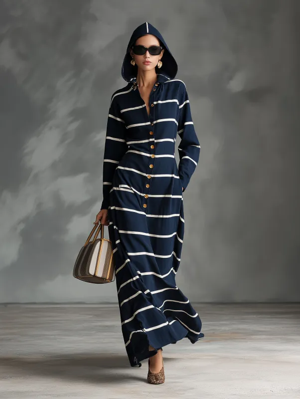 Stylish Blue And White Striped Hooded Maxi Dress With Buttons sold by Oyrosy