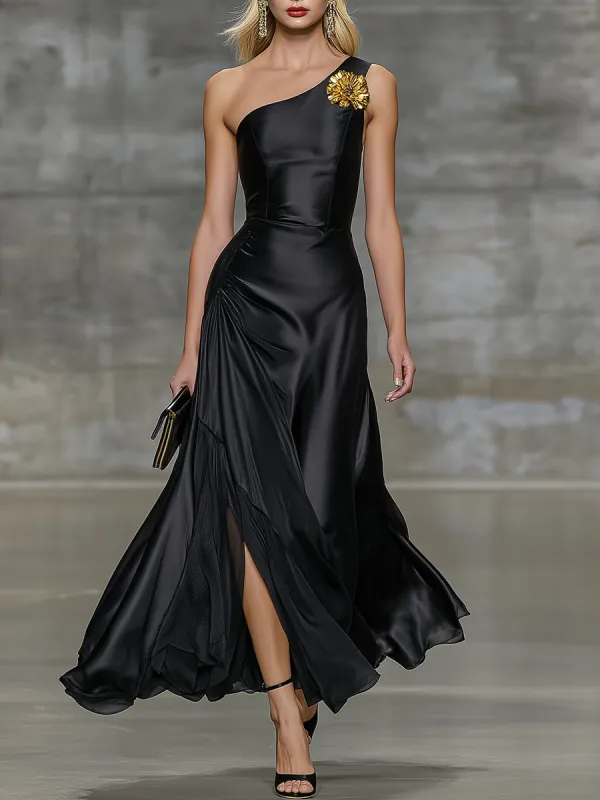 Elegant Black Satin One-shoulder Sleeveless Maxi Dress sold by Oyrosy