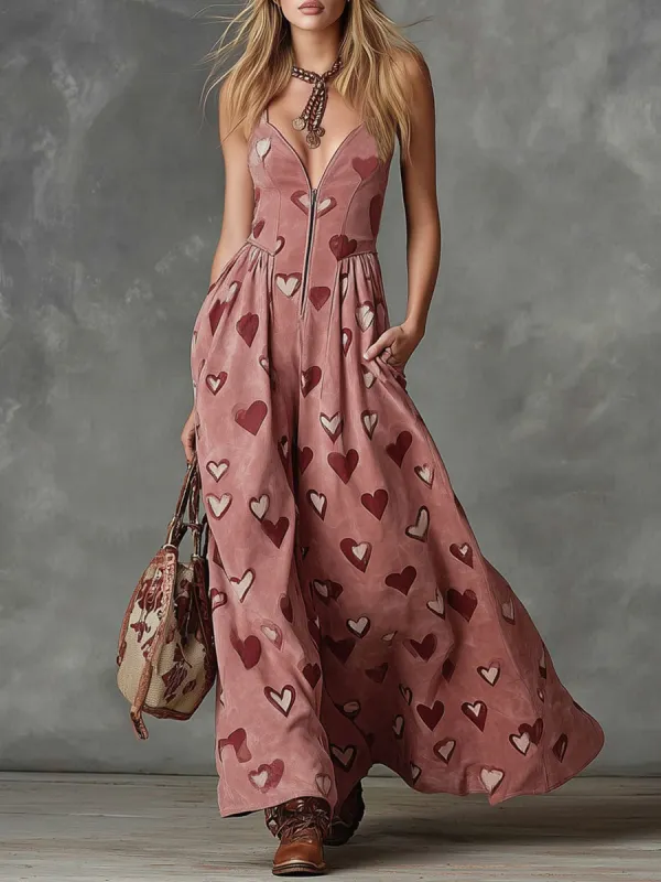 Vintage Heart Print Zip-up Double Pocket Faux Suede Sleeveless Maxi Dress sold by Oyrosy
