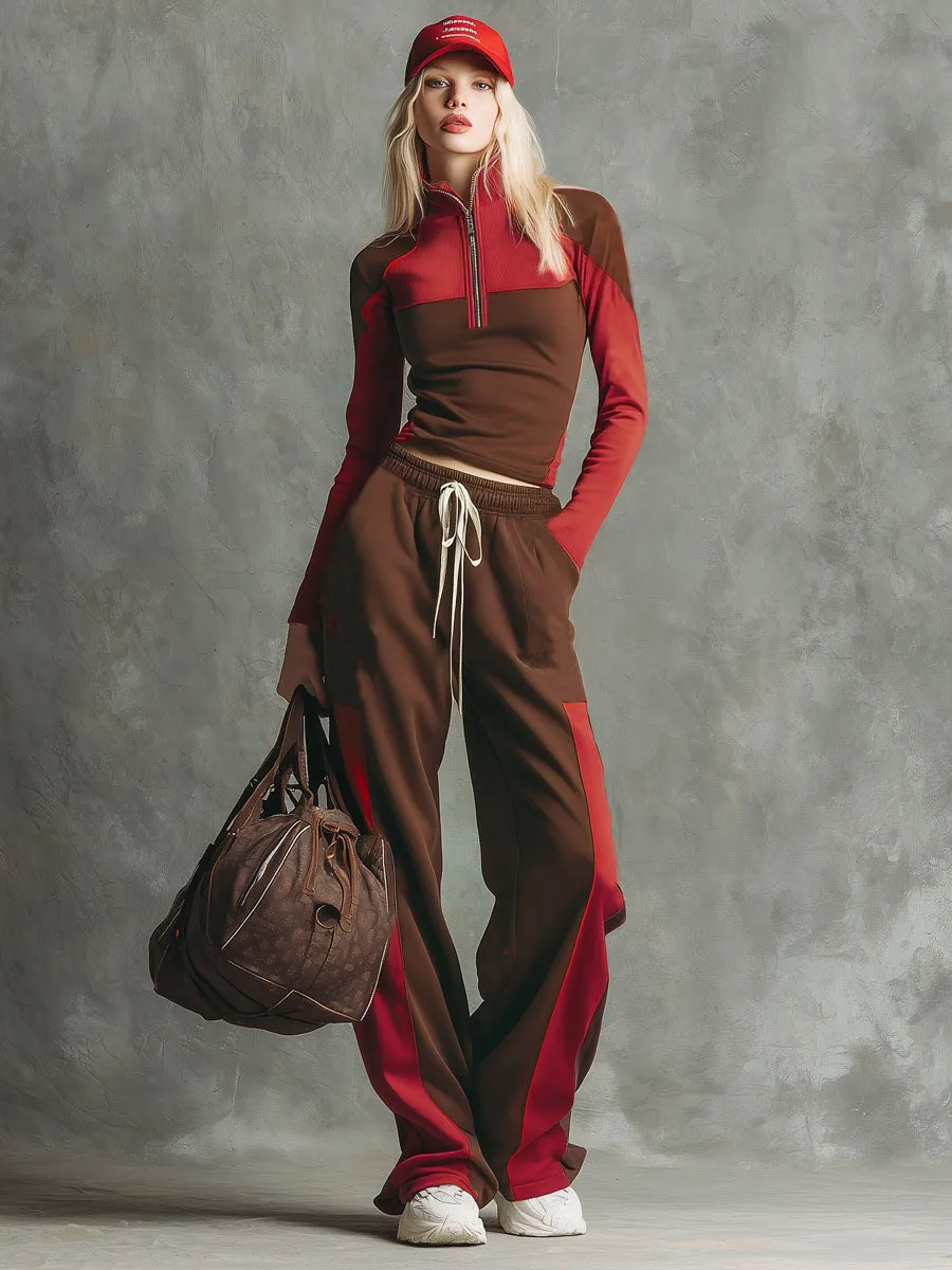 Color-blocked Patchwork Stand-collar Zip-up Top And Pants Set sold by Oyrosy product image thumbnail 4