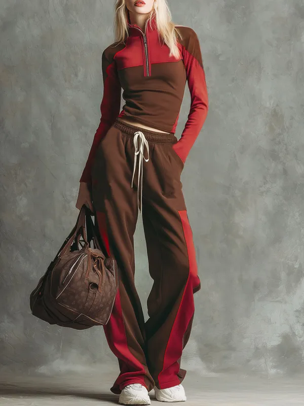 Color-blocked Patchwork Stand-collar Zip-up Top And Pants Set made by Oyrosy
