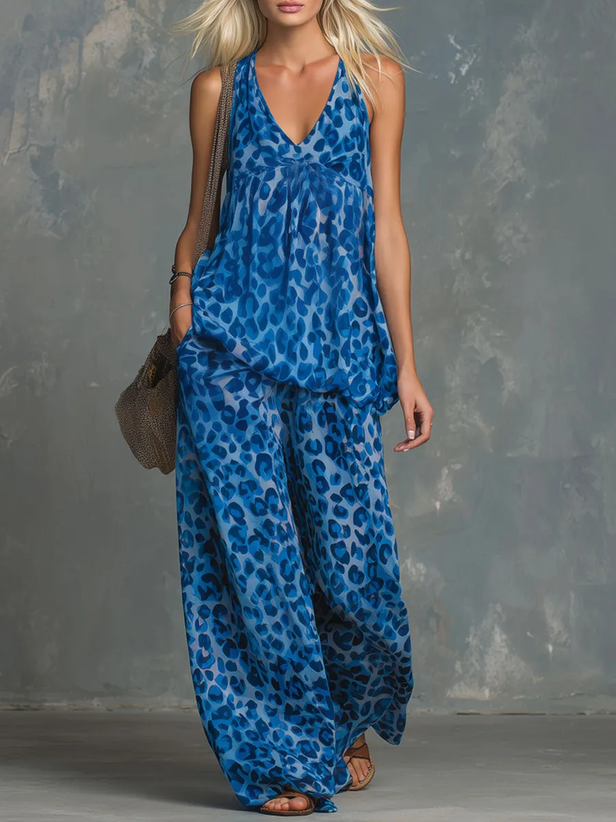 Loose-fitting Leopard Print Sleeveless Top And Trousers Chiffon Set sold by Oyrosy