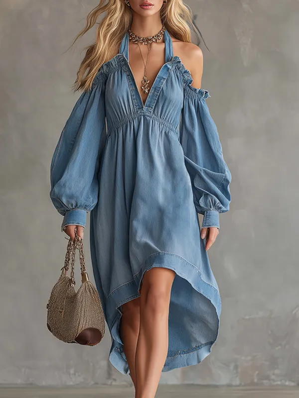 Stylish And Unique Blue Denim Off-the-shoulder Long-sleeved Midi Dress made by Oyrosy
