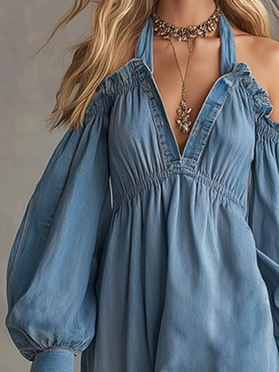 Stylish And Unique Blue Denim Off-the-shoulder Long-sleeved Midi Dress sold by Oyrosy product image thumbnail 3