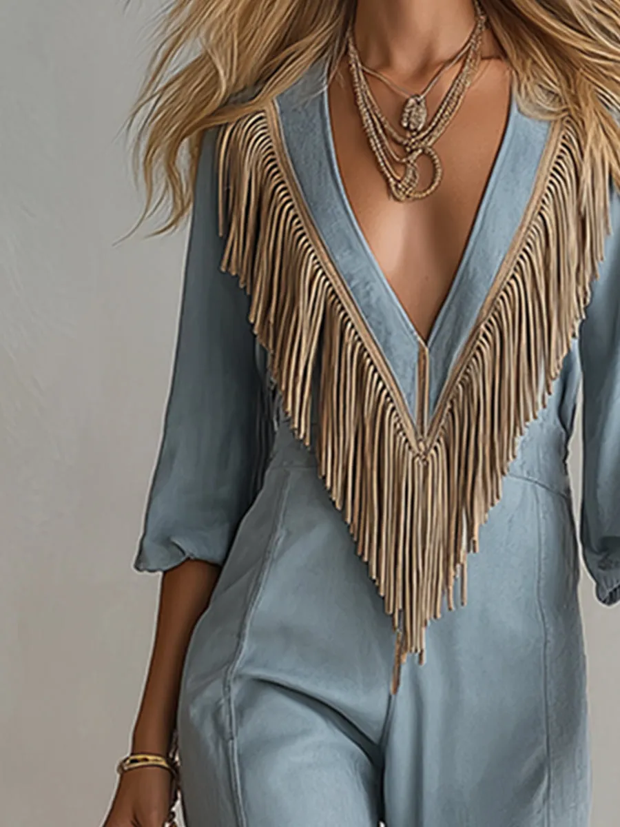 Elegant Western-style Contrasting Fringe Details Blue Faux Suede Jumpsuit sold by Oyrosy product image thumbnail 3