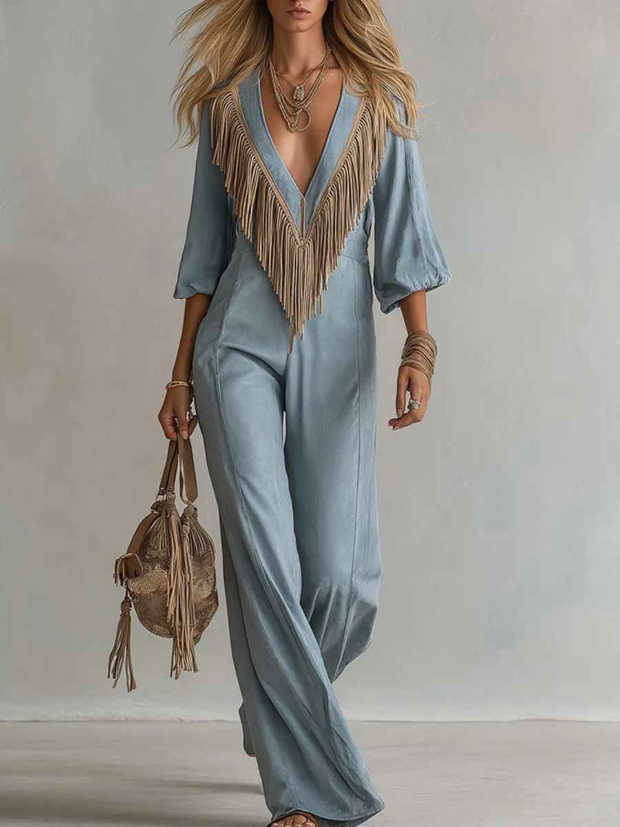 Elegant Western-style Contrasting Fringe Details Blue Faux Suede Jumpsuit sold by Oyrosy