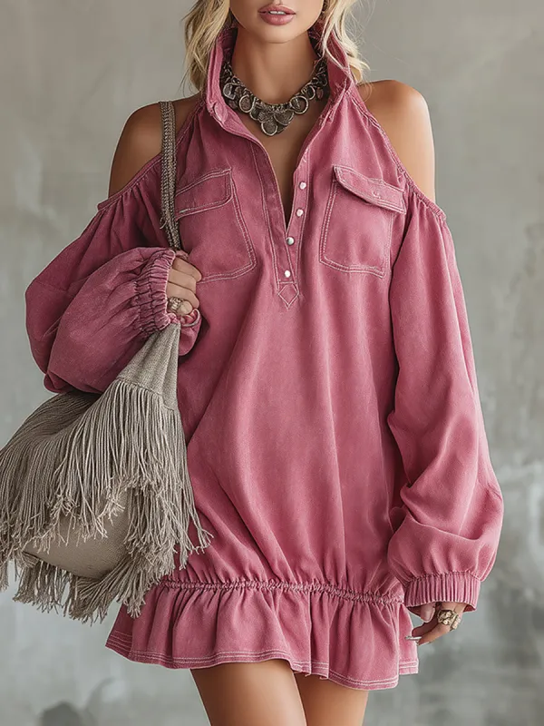 Stylish And Unique Pink Denim Off-the-shoulder Long-sleeved Mini Dress sold by Oyrosy