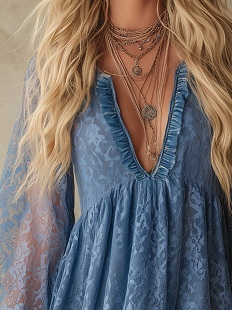 Vintage And Elegant Blue Lace Loose-fitting Mini Dress sold by Oyrosy product image thumbnail 4