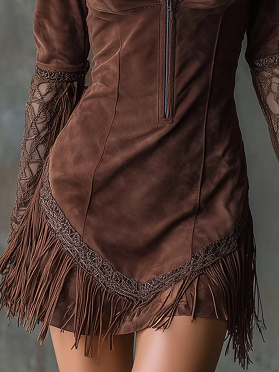 Vintage Western-style Brown Faux Suede Patchwork Lace Fringe Mini Dress sold by Oyrosy product image thumbnail 4