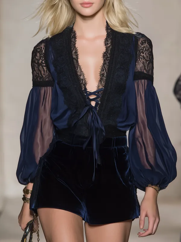 Vintage And Sophisticated V-neck Chiffon Long-sleeved Top And Velvet Shorts Set made by Oyrosy