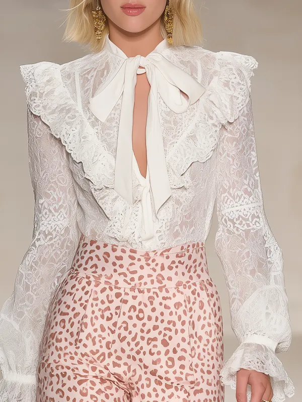 Retro Elegant And Delicate Ruffled V-neck Lace Long-sleeved Top made by Oyrosy