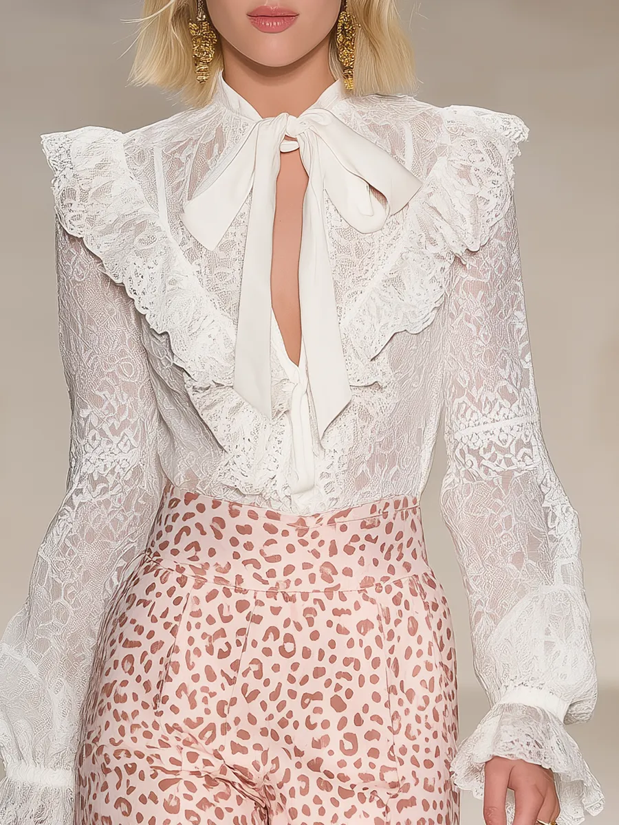 Retro Elegant And Delicate Ruffled V-neck Lace Long-sleeved Top sold by Oyrosy