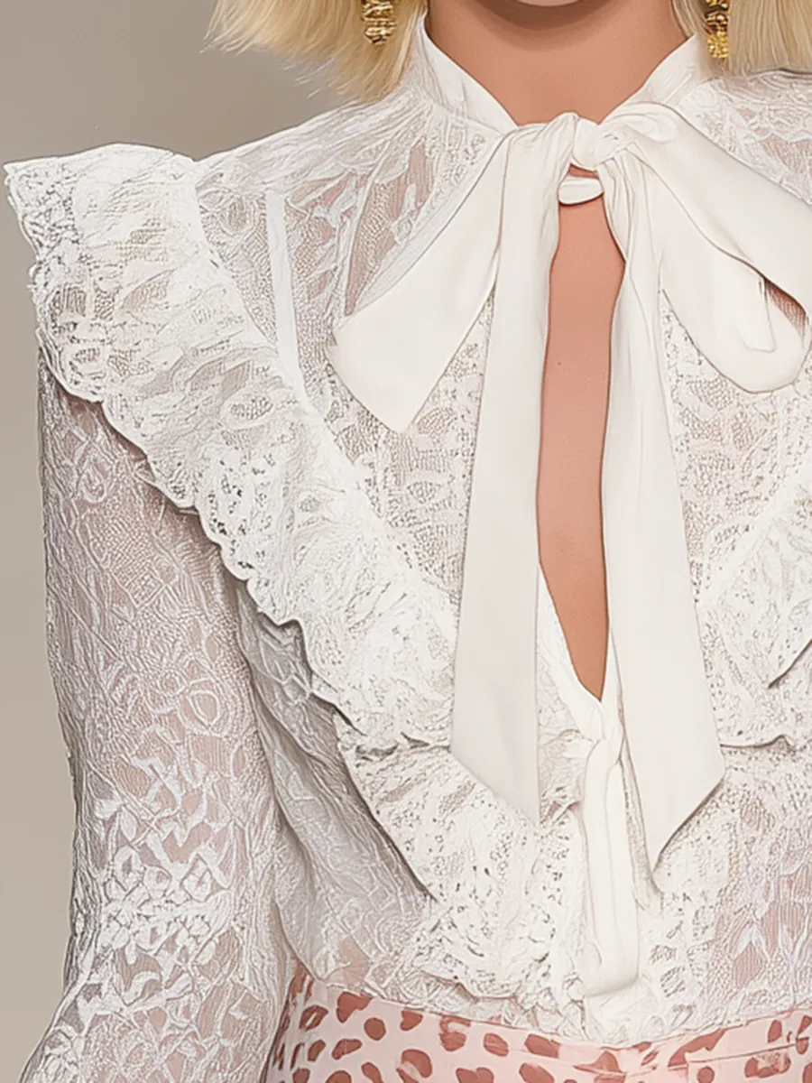Retro Elegant And Delicate Ruffled V-neck Lace Long-sleeved Top sold by Oyrosy product image thumbnail 3