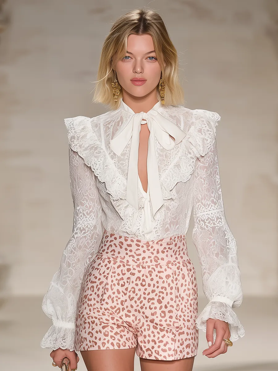 Retro Elegant And Delicate Ruffled V-neck Lace Long-sleeved Top sold by Oyrosy product image thumbnail 2