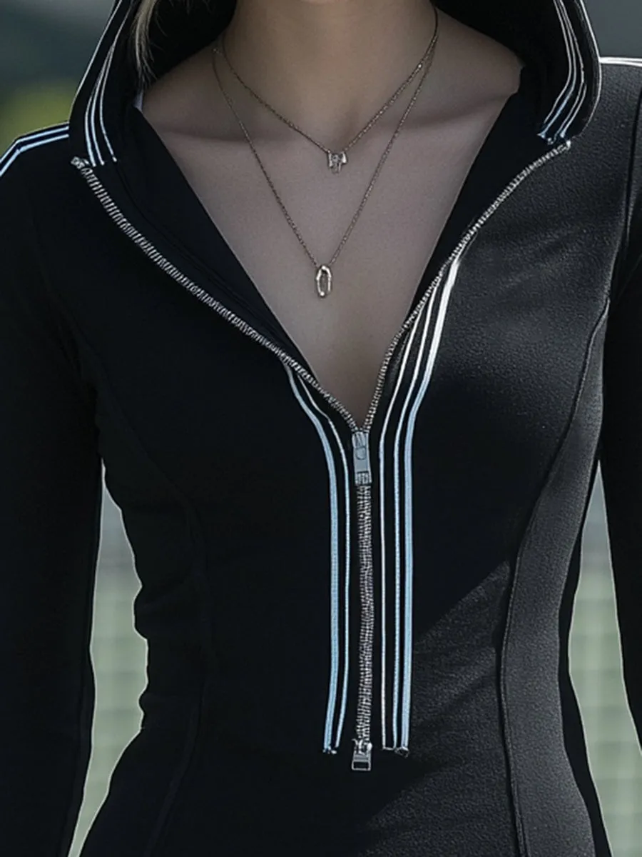 Athletic Style Hooded In Black With White Woven Tape Trim And Zipper Closure Mini Dress sold by Oyrosy product image thumbnail 4