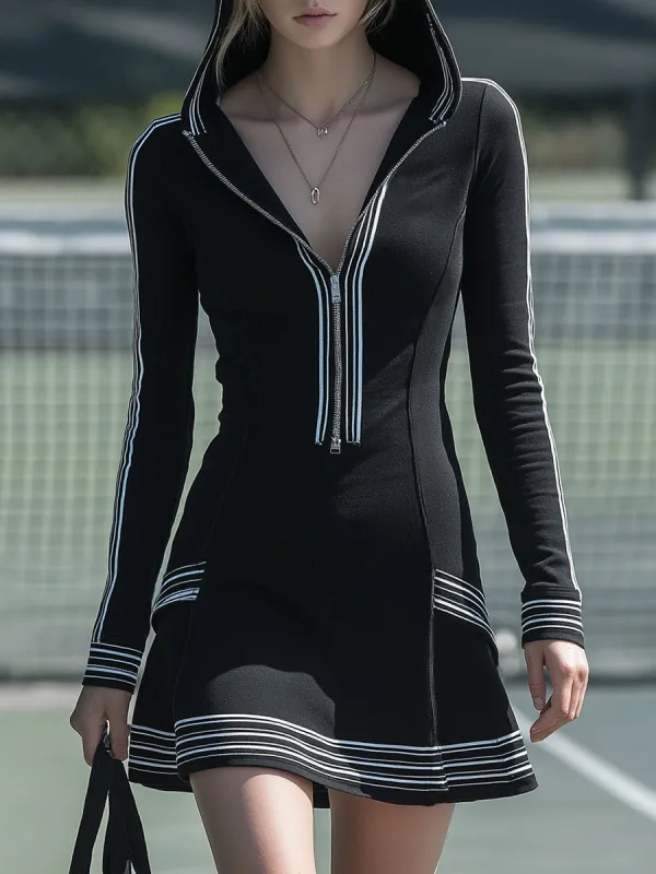 Athletic Style Hooded In Black With White Woven Tape Trim And Zipper Closure Mini Dress sold by Oyrosy