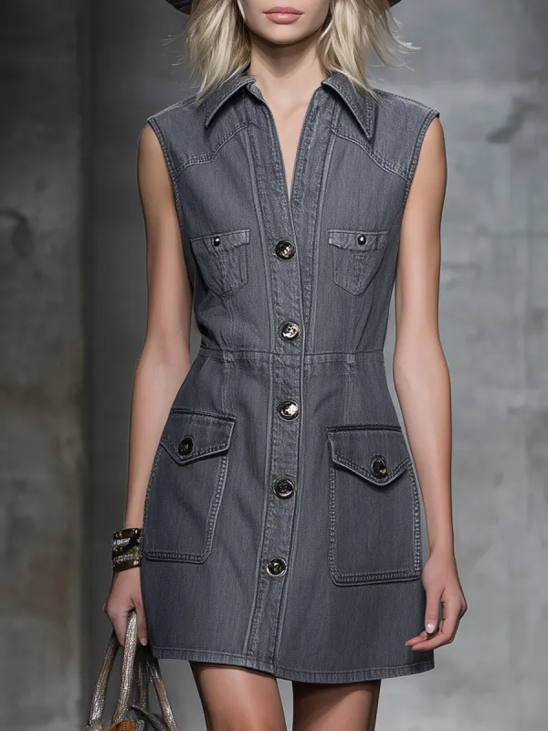 Stylish Grey Sleeveless Button-down Denim Mini Dress sold by Oyrosy