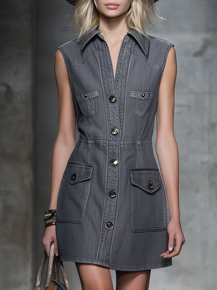 Stylish Grey Sleeveless Button-down Denim Mini Dress sold by Oyrosy