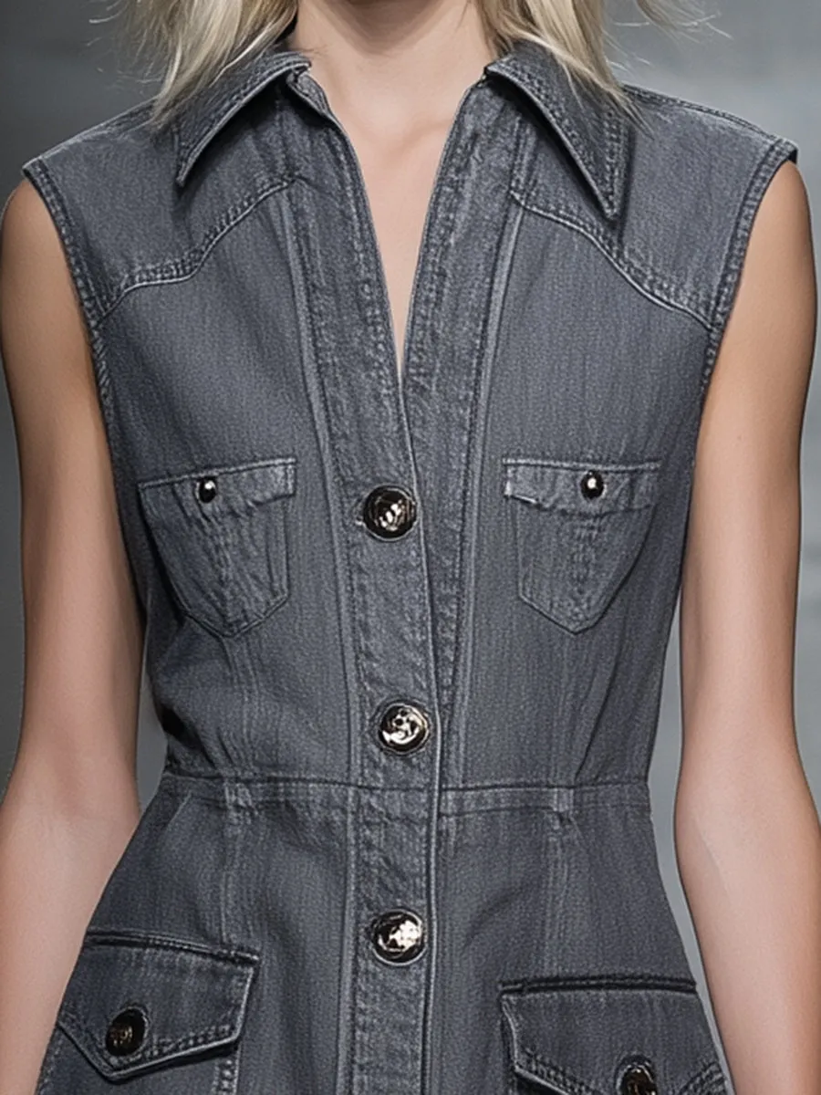 Stylish Grey Sleeveless Button-down Denim Mini Dress sold by Oyrosy product image thumbnail 4