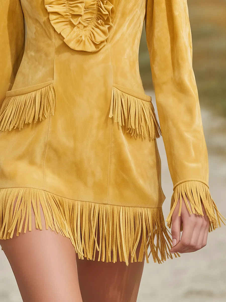 Western-style Ruffled V-neck Fringed Faux Suede Mini Dress sold by Oyrosy product image thumbnail 4
