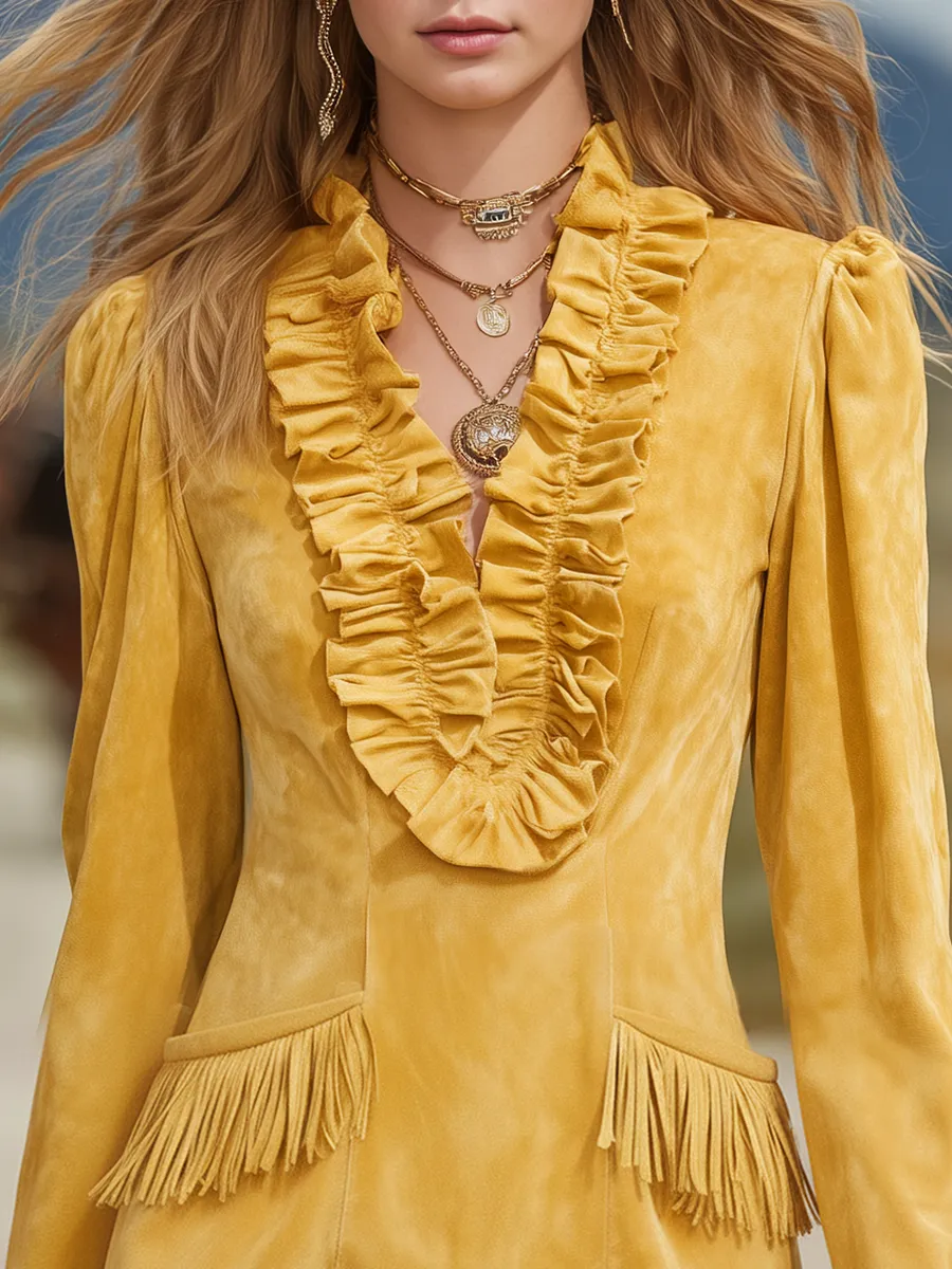 Western-style Ruffled V-neck Fringed Faux Suede Mini Dress sold by Oyrosy product image thumbnail 3