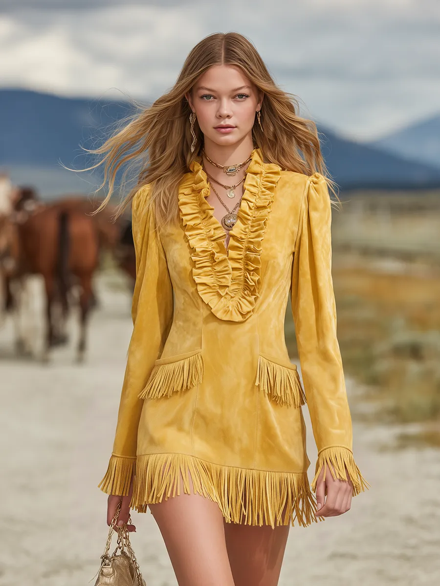 Western-style Ruffled V-neck Fringed Faux Suede Mini Dress sold by Oyrosy product image thumbnail 2