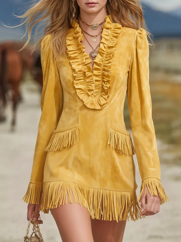 Western-style Ruffled V-neck Fringed Faux Suede Mini Dress sold by Oyrosy