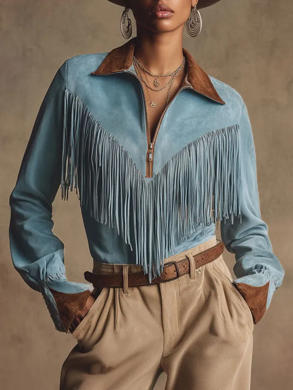 Western Retro Brown And Blue Faux Suede Tassel Long-Sleeved Shirt sold by Oyrosy