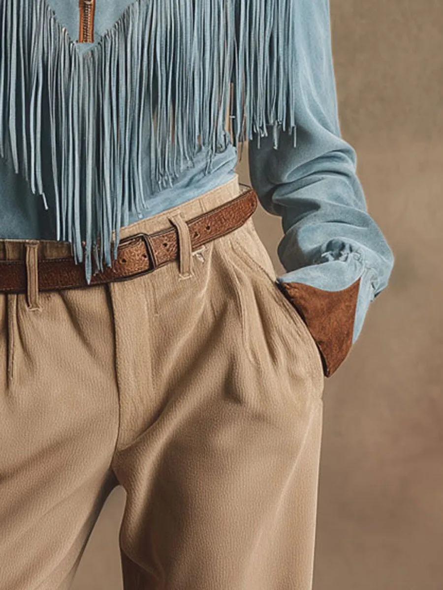 Western Retro Brown And Blue Faux Suede Tassel Long-Sleeved Shirt sold by Oyrosy product image thumbnail 4