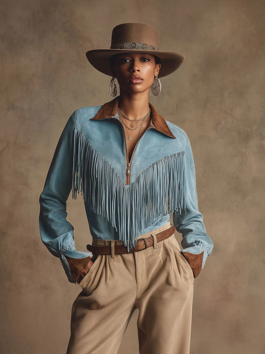 Western Retro Brown And Blue Faux Suede Tassel Long-Sleeved Shirt sold by Oyrosy product image thumbnail 2