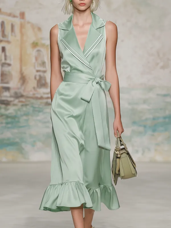 Elegant And Appropriate V-neck Sleeveless Ruffled Satin Midi Dress sold by Oyrosy