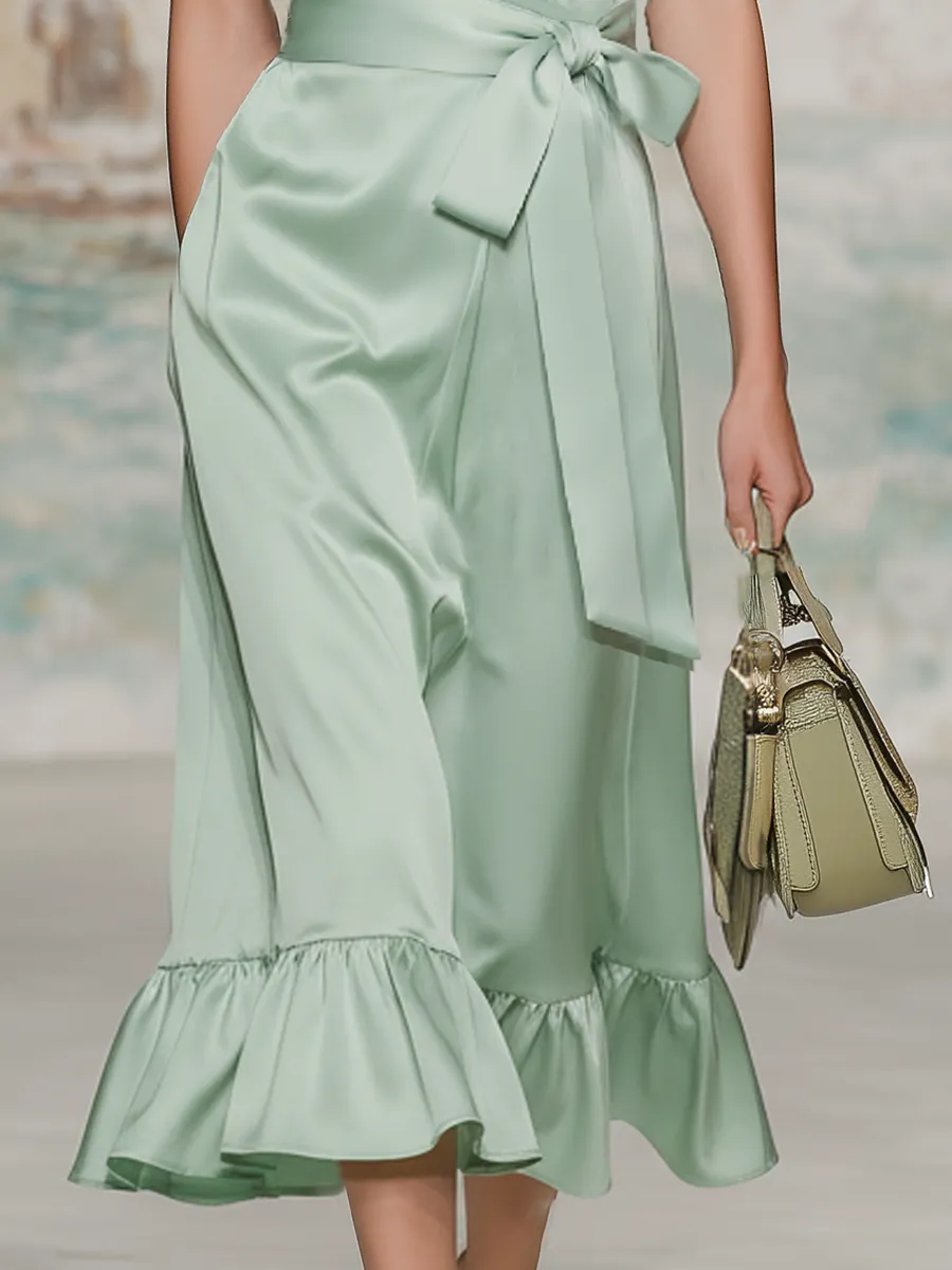 Elegant And Appropriate V-neck Sleeveless Ruffled Satin Midi Dress sold by Oyrosy product image thumbnail 4