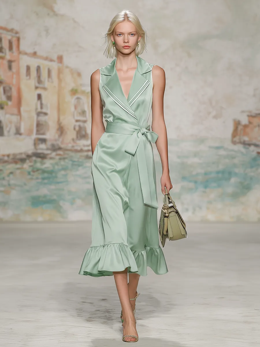 Elegant And Appropriate V-neck Sleeveless Ruffled Satin Midi Dress sold by Oyrosy product image thumbnail 2