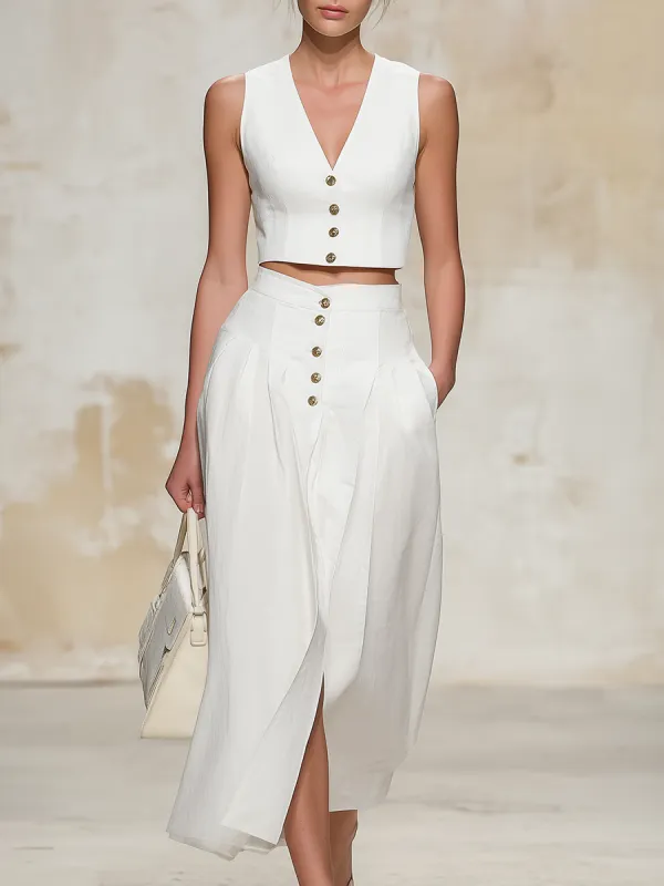 Vintage And Elegant V-neck Vest And Button-front Skirt Set sold by Oyrosy