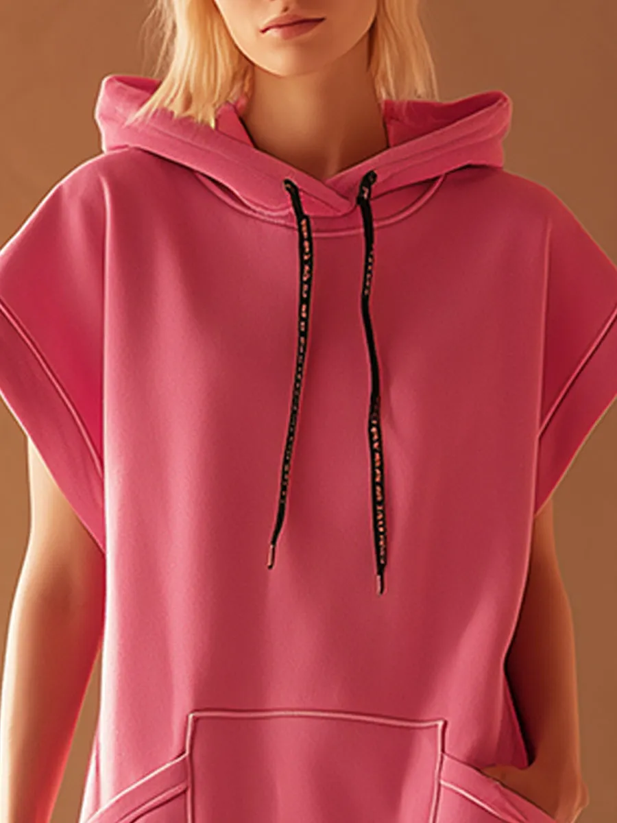 Fashionable Retro Pink Sleeveless Hooded Sweatshirt-style Mini Dress sold by Oyrosy product image thumbnail 3