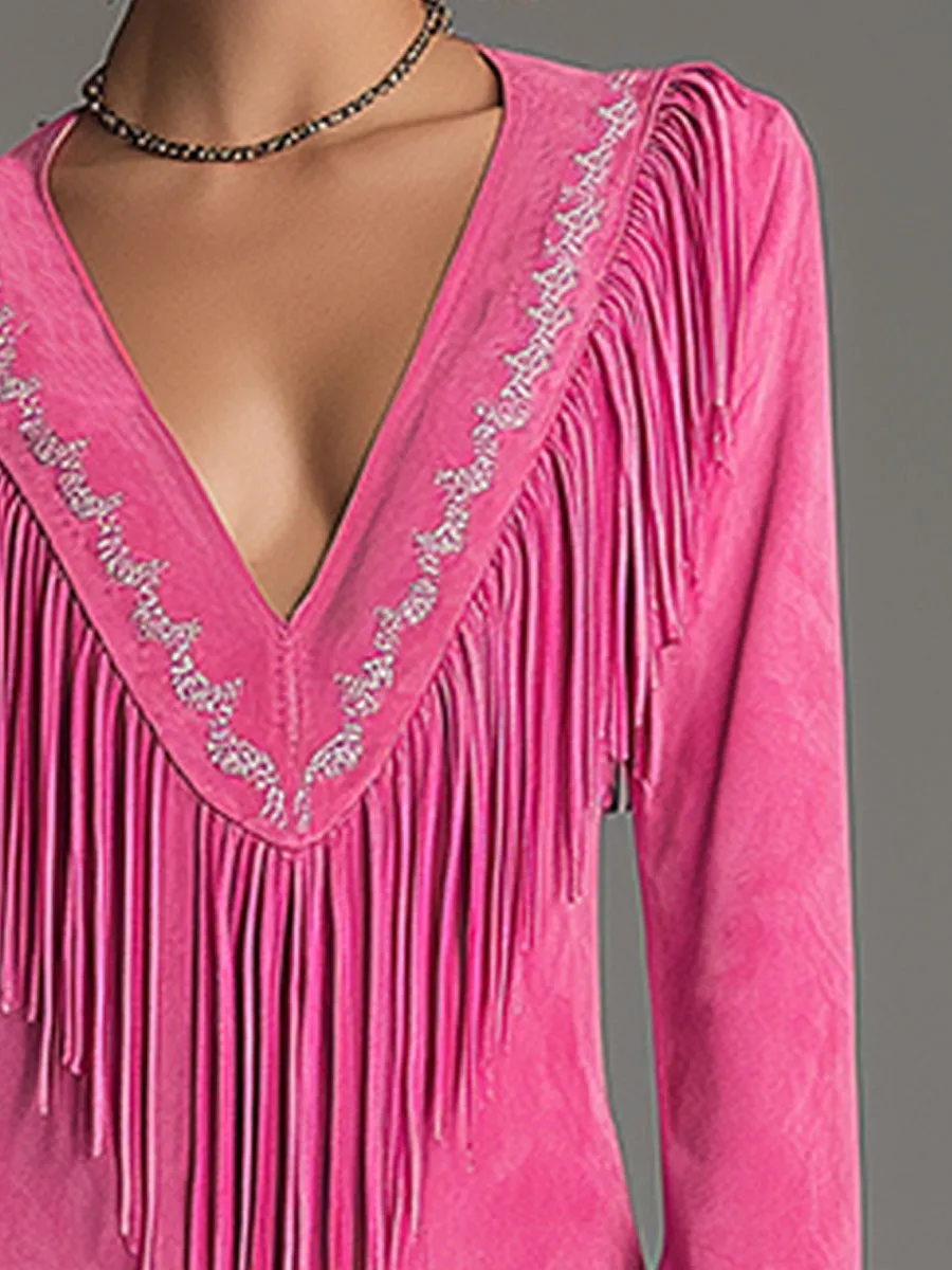 Western-style Retro Embroidered Tassel Pink Faux Suede Mini Dress sold by Oyrosy product image thumbnail 3