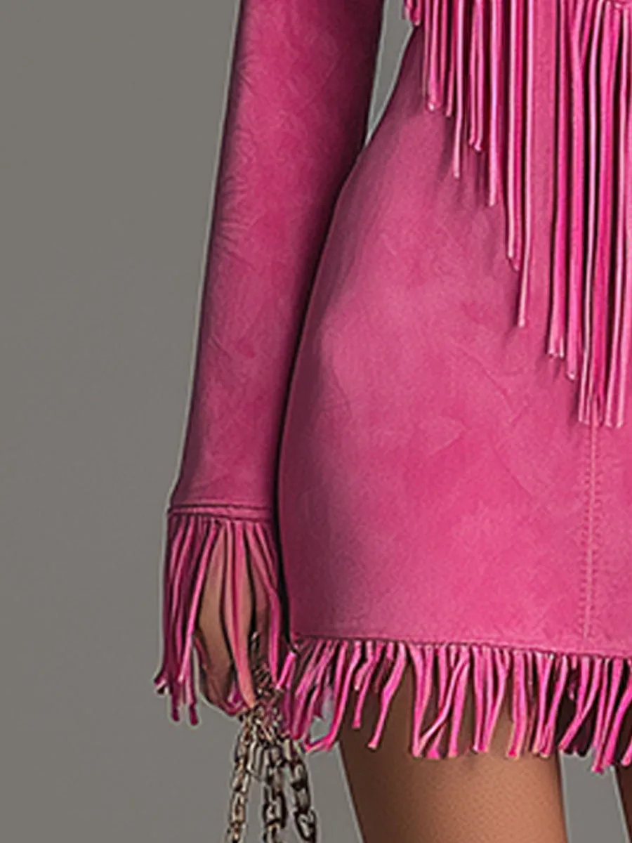 Western-style Retro Embroidered Tassel Pink Faux Suede Mini Dress sold by Oyrosy product image thumbnail 4