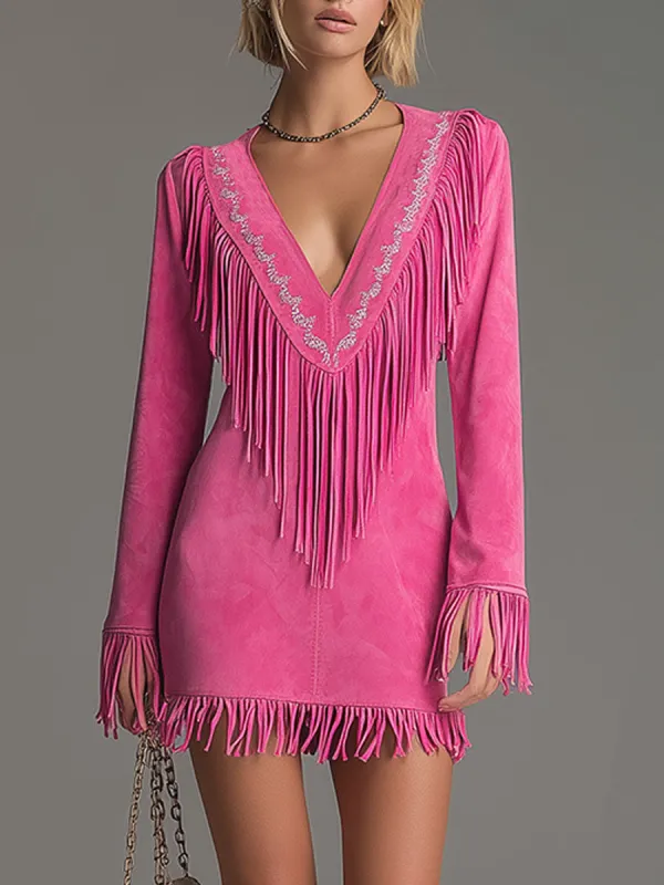 Western-style Retro Embroidered Tassel Pink Faux Suede Mini Dress sold by Oyrosy