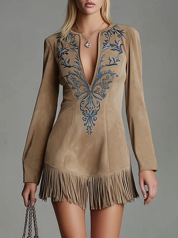 Western-style Retro Embroidered Tassel Khaki Faux Suede Mini Dress sold by Oyrosy