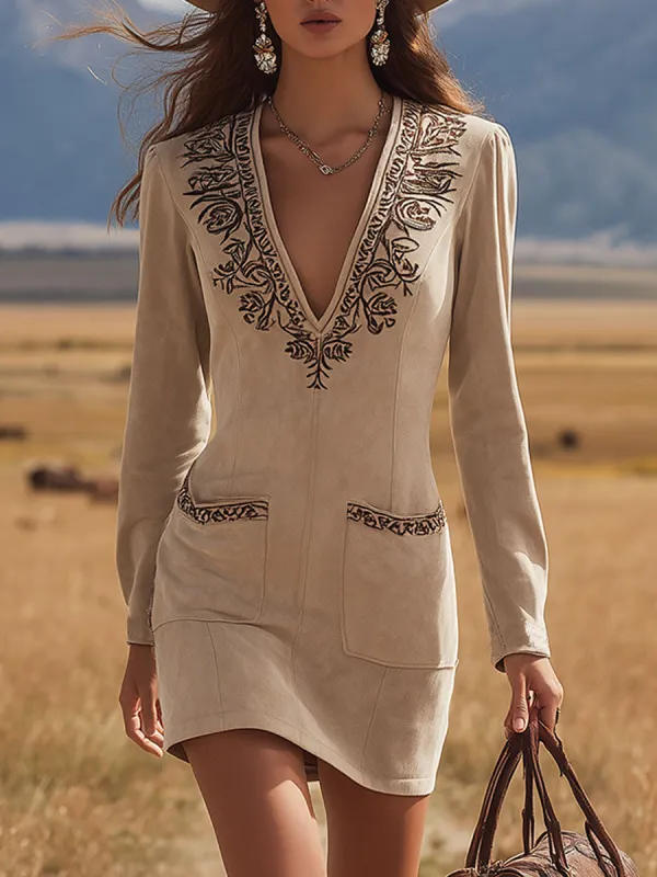 Western-style Retro Embroidered Long-sleeved Khaki Pocket Faux Suede Mini Dress sold by Oyrosy