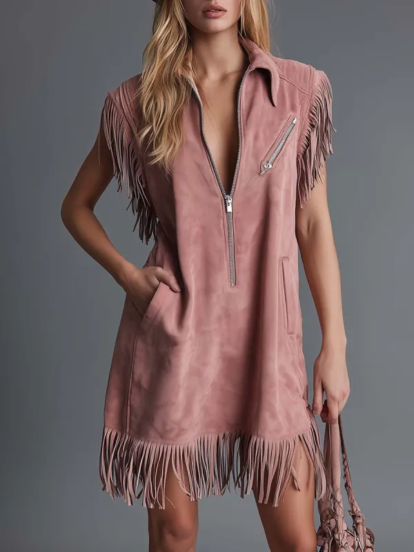 Vintage Casual Western V-neck Front Zipper Tassel Details Pink Faux Suede Mini Dress sold by Oyrosy