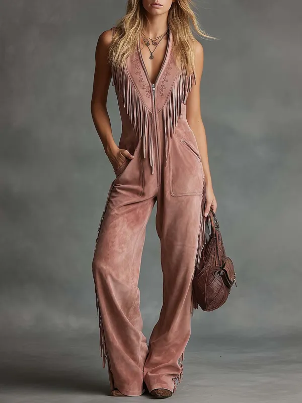 Vintage Western Embroidered V-neck Front Zipper Tassel Details Pink Faux Suede Sleeveless Jumpsuit made by Oyrosy