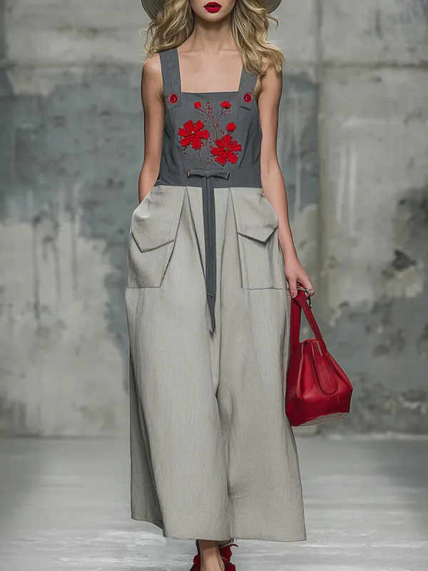 Stylish Western-style Red Embroidered Color-block Sleeveless Wide-leg Jumpsuit made by Oyrosy