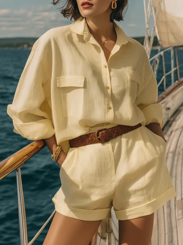 Simple And Stylish Resort-style Yellow Cotton And Linen Shirt And Shorts Set made by Oyrosy