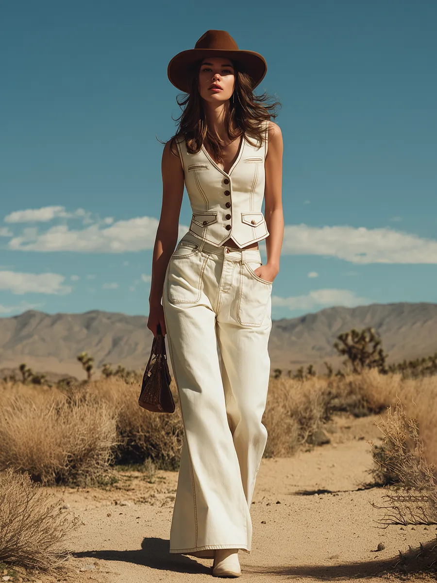 Stylish Western-style White Denim Vest And Wide-leg Pants Set sold by Oyrosy product image thumbnail 2