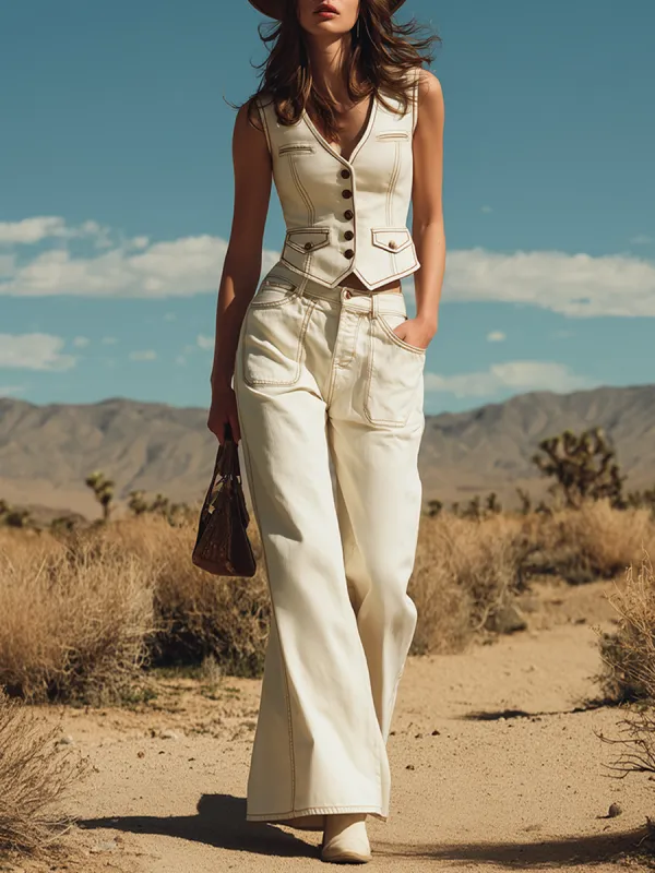Stylish Western-style White Denim Vest And Wide-leg Pants Set made by Oyrosy